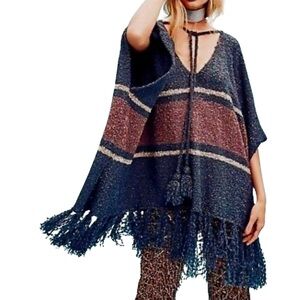 Free People Striped Fringe Juno Boucle Boho Poncho Sweater Top
